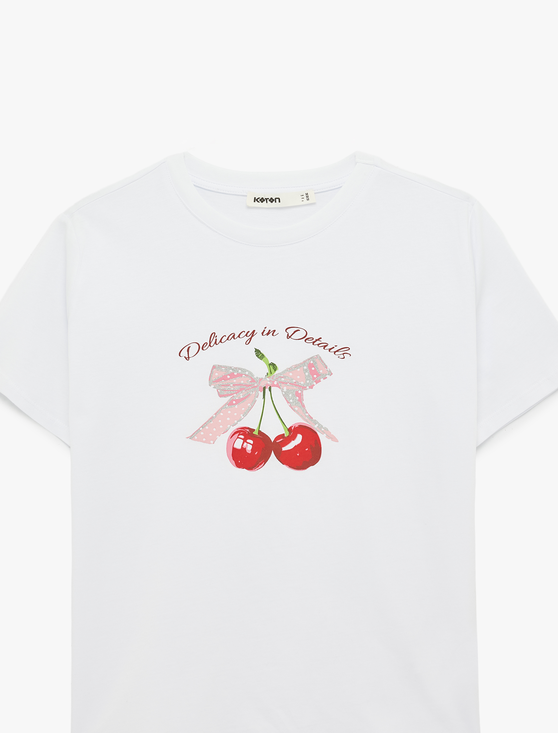   Pamuklu Kısa Kollu Bisiklet Yaka Fiyonk ve Kiraz Baskılı Tişört