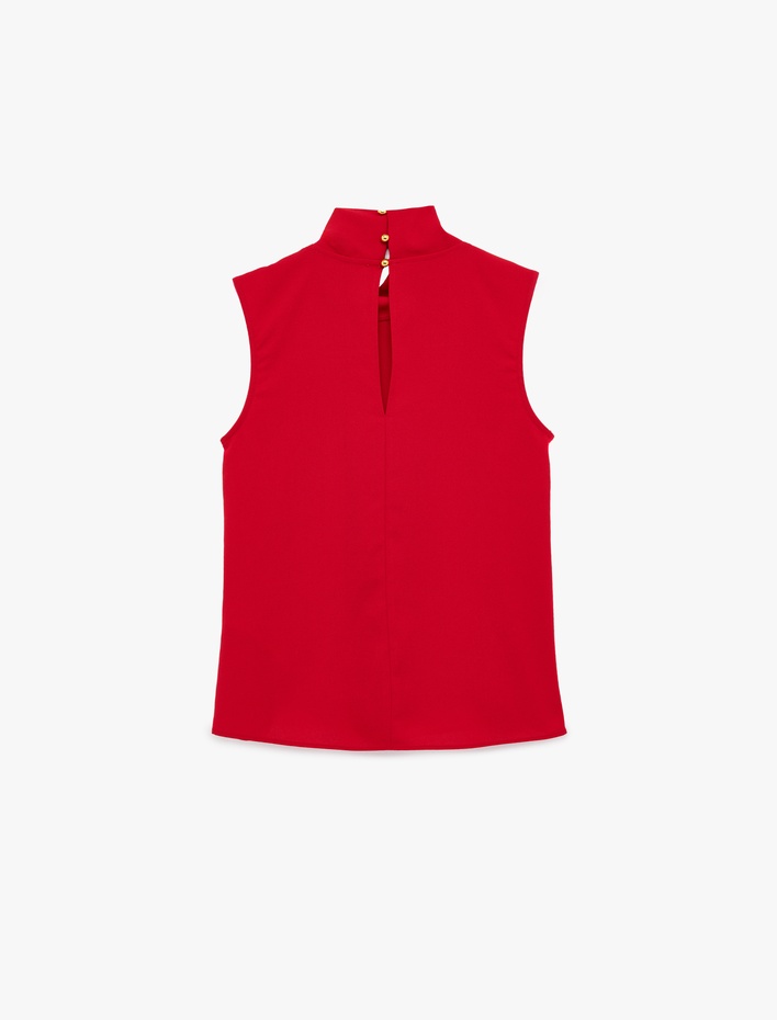  Krep Kumaş Drapeli Dik Yaka Kolsuz Bluz