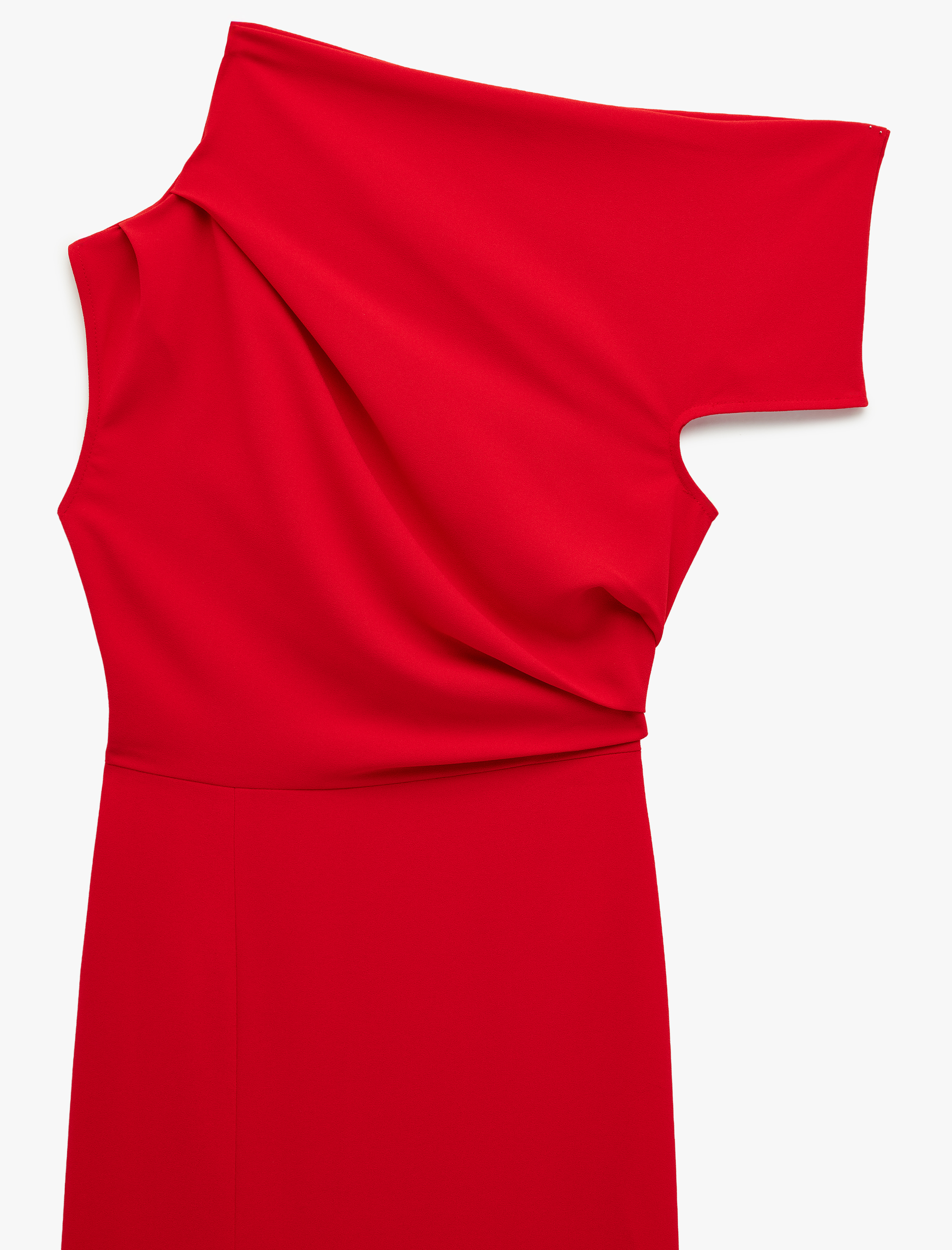   Krep Kumaş Yırtmaç Detaylı Drapeli Midi Asimetrik Tek Omuz Elbise