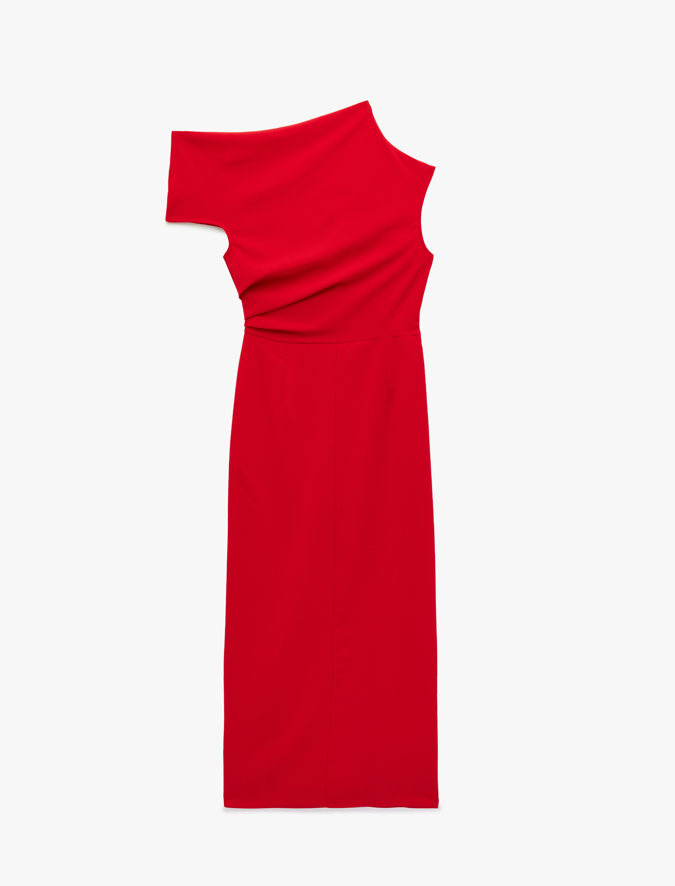   Krep Kumaş Yırtmaç Detaylı Drapeli Midi Asimetrik Tek Omuz Elbise