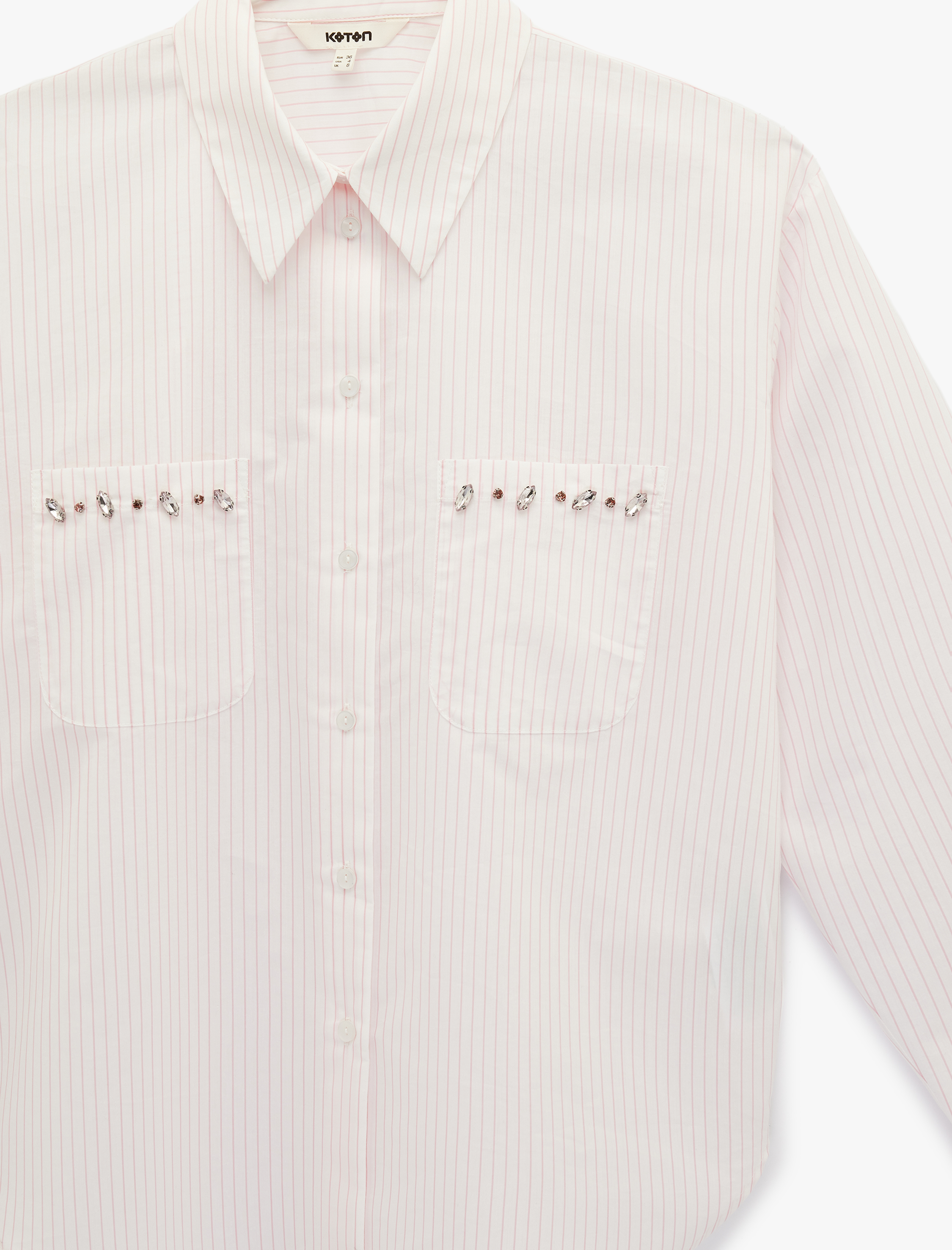   Regular Fit Uzun Kollu Cepli Taş Detaylı Poplin Gömlek