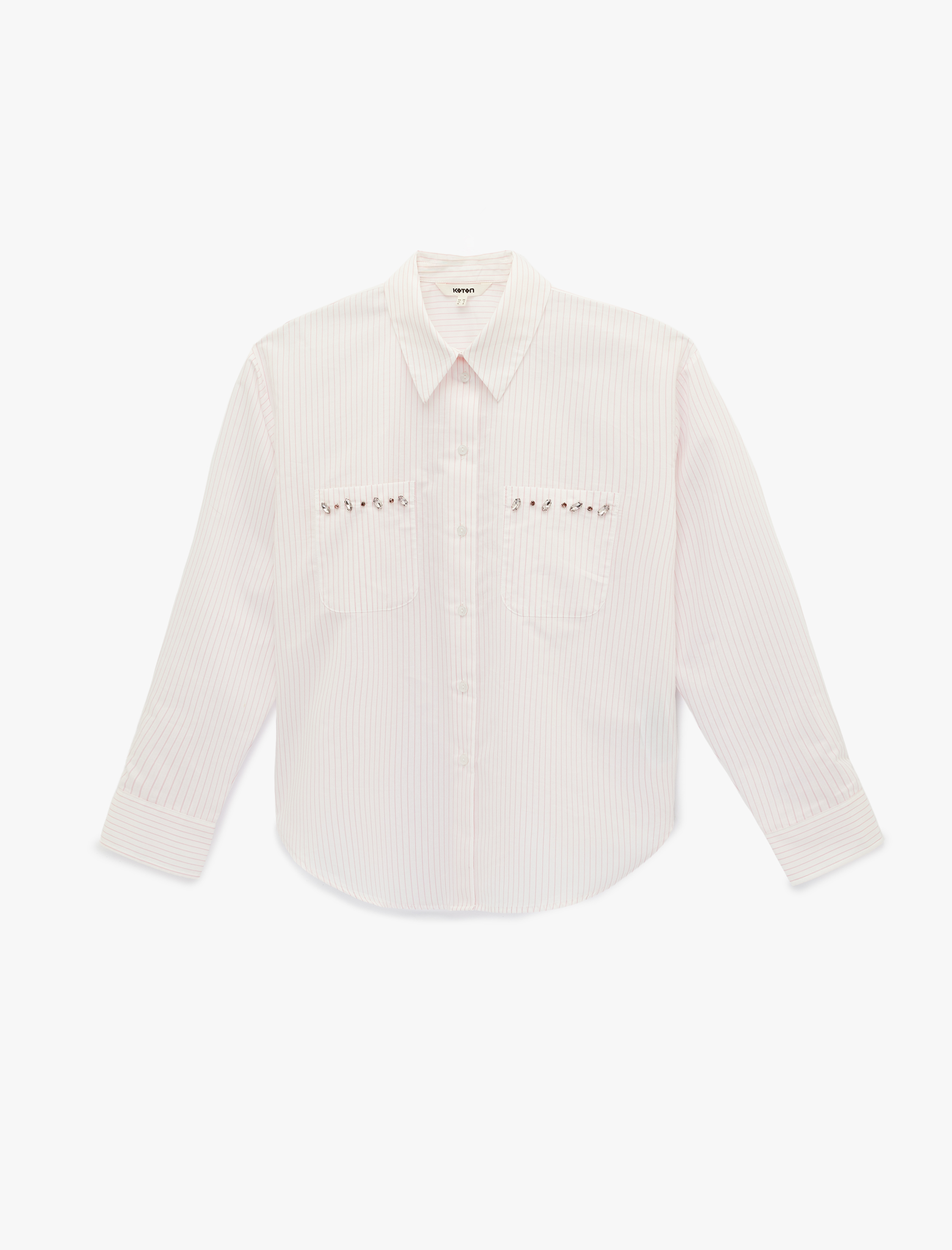   Regular Fit Uzun Kollu Cepli Taş Detaylı Poplin Gömlek