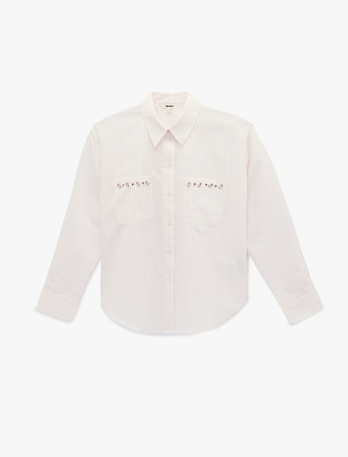  Regular Fit Uzun Kollu Cepli Taş Detaylı Poplin Gömlek