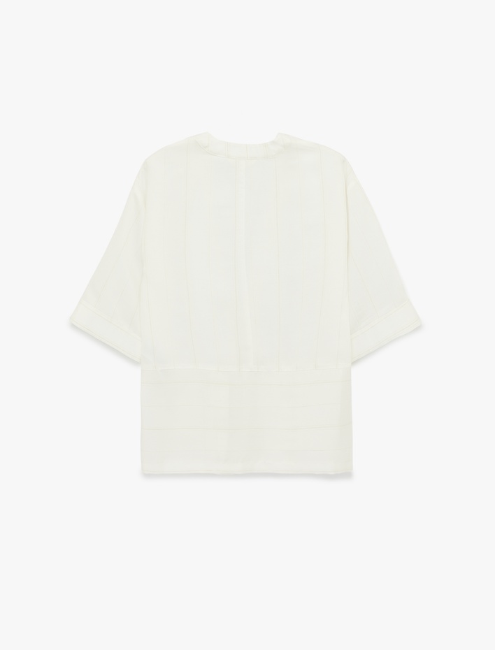  Keten Karışımlı 3/4 Geniş Kol Çizgili Kimono