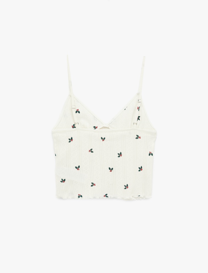  V Yaka Pamuklu Yılbaşı Çiçeği Desenli Askılı Pijama Üstü