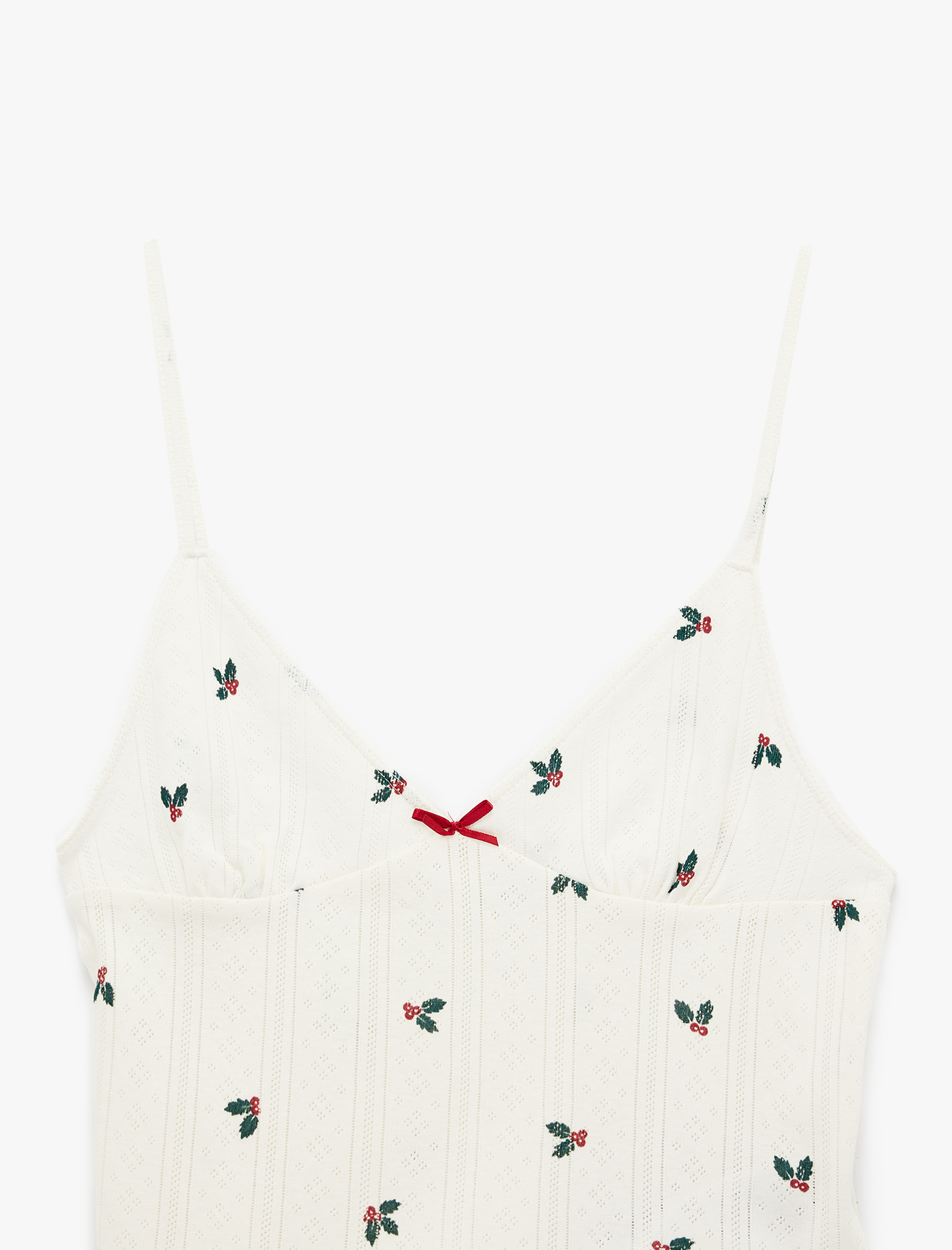   V Yaka Pamuklu Yılbaşı Çiçeği Desenli Askılı Pijama Üstü