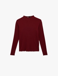 Viskon Kumaş Slim Fit Uzun Kollu Hafif Dik Yaka Dokulu Tişört