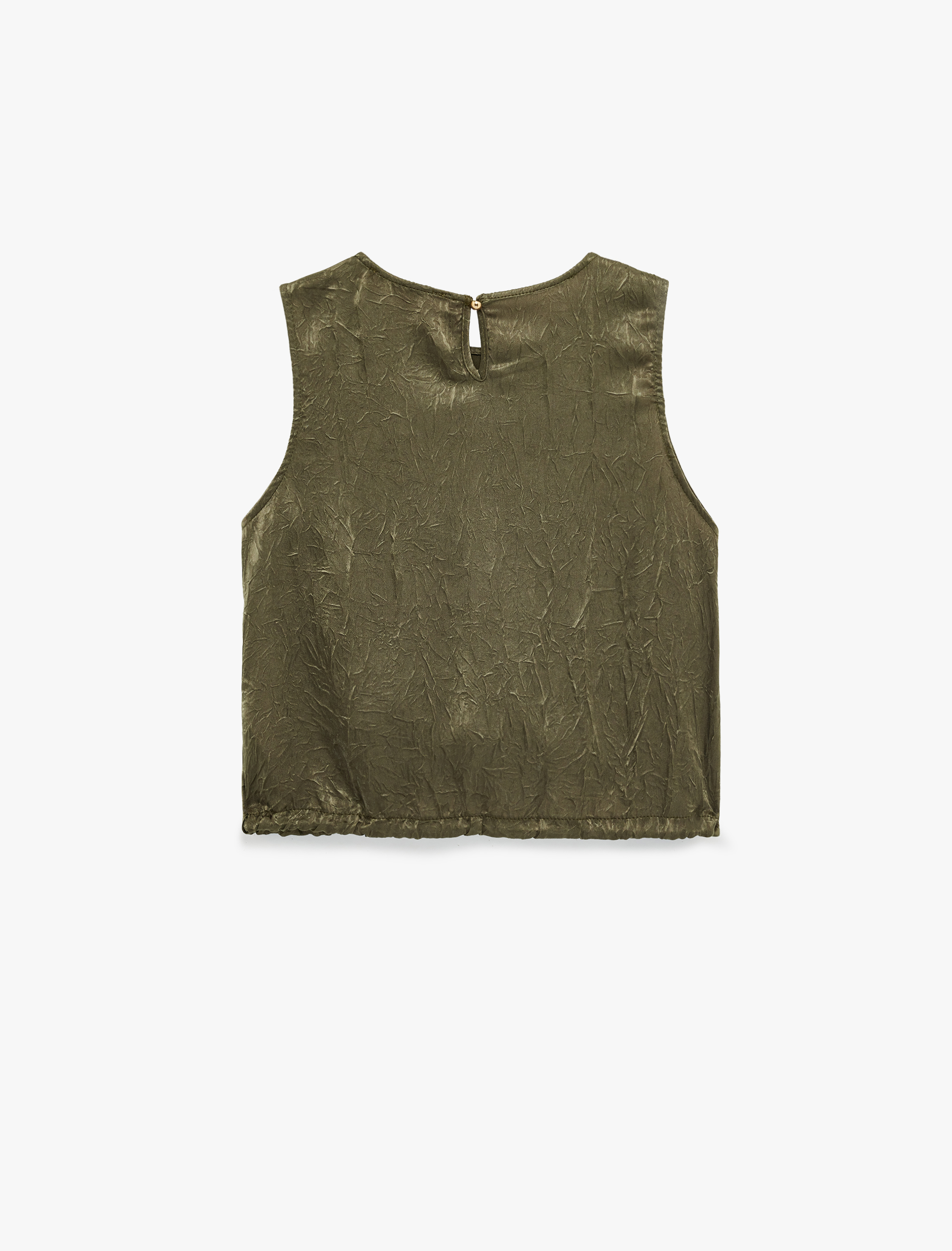   Beli Bağcıklı Kolsuz Yuvarlak Yaka Dokulu Saten Bluz