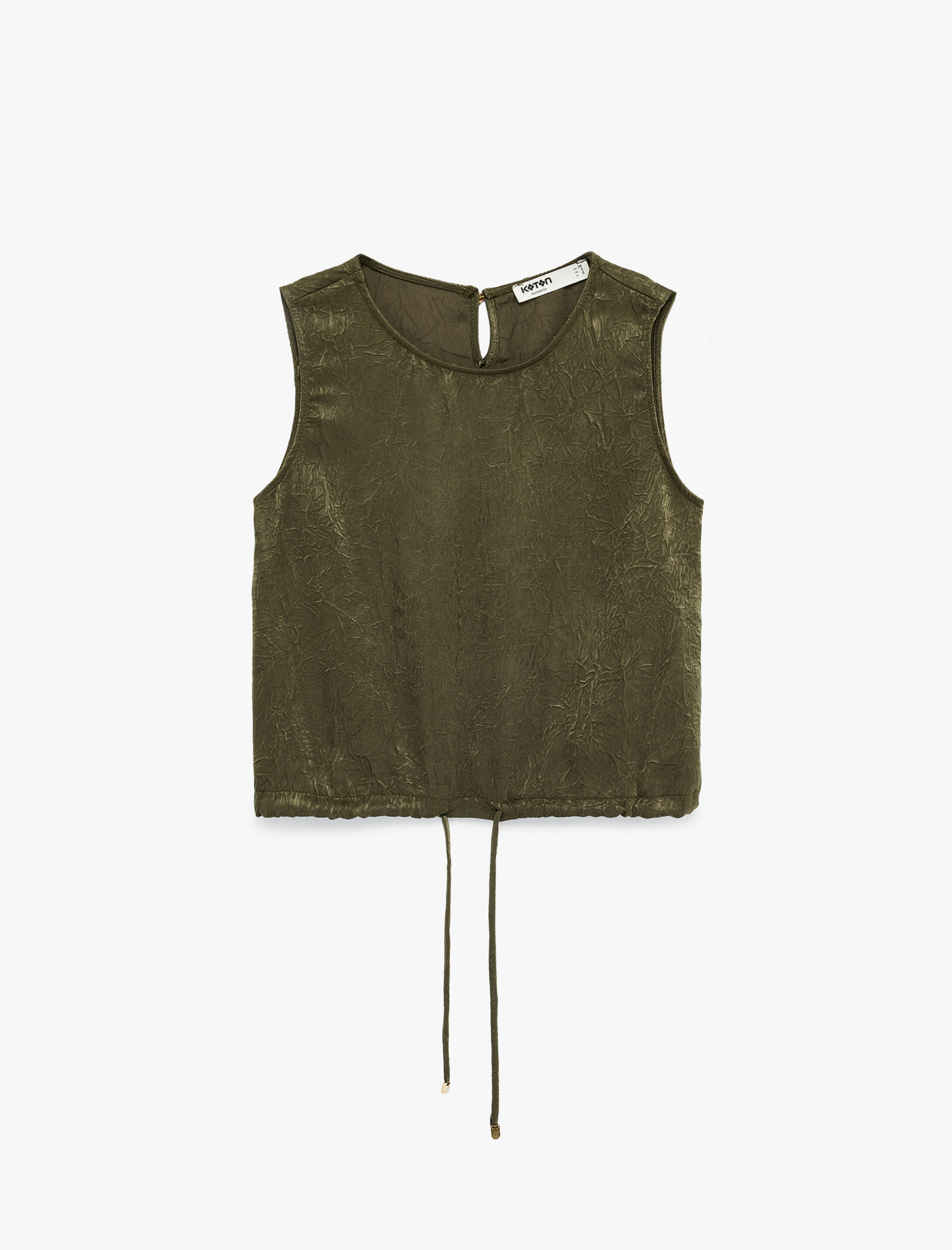   Beli Bağcıklı Kolsuz Yuvarlak Yaka Dokulu Saten Bluz