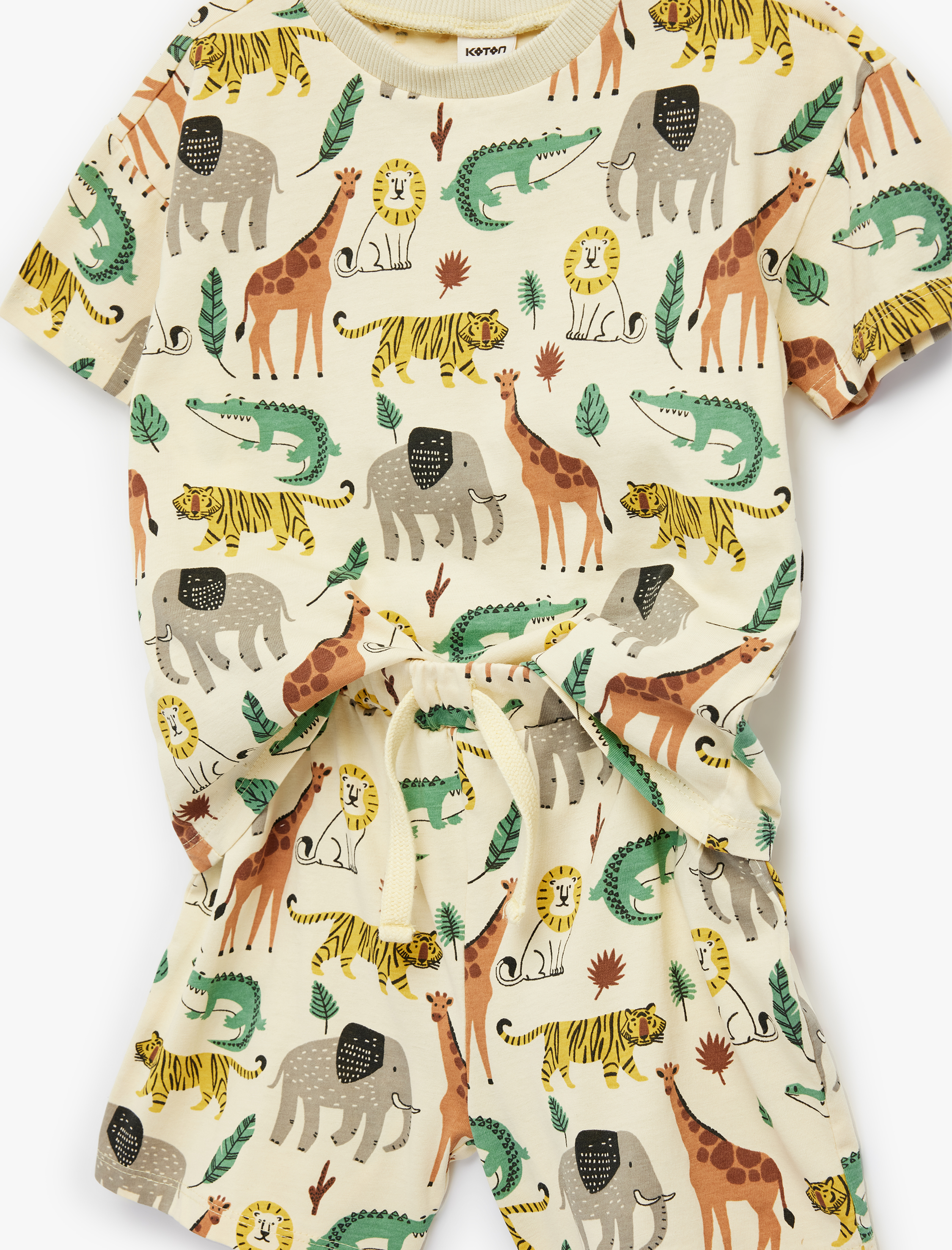  Erkek Bebek Hayvanlar Baskılı Kısa Kollu Bisiklet Yaka Pamuklu 2'li Tişört ve Şort Seti