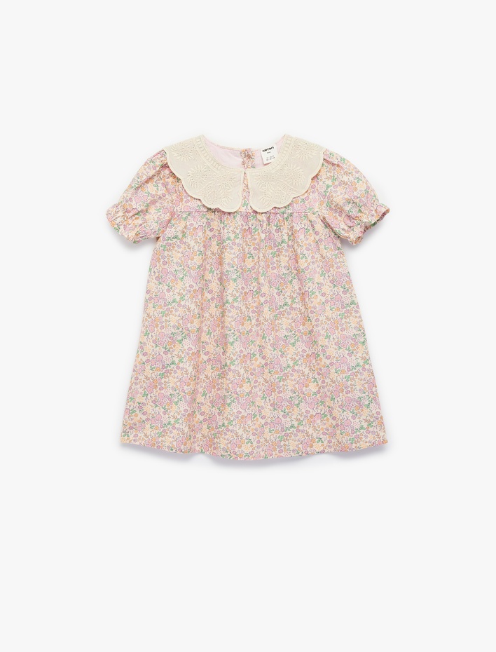 Kız Bebek Pamuklu Kısa Kollu A Kesim Bebe Yaka Çiçekli Elbise
