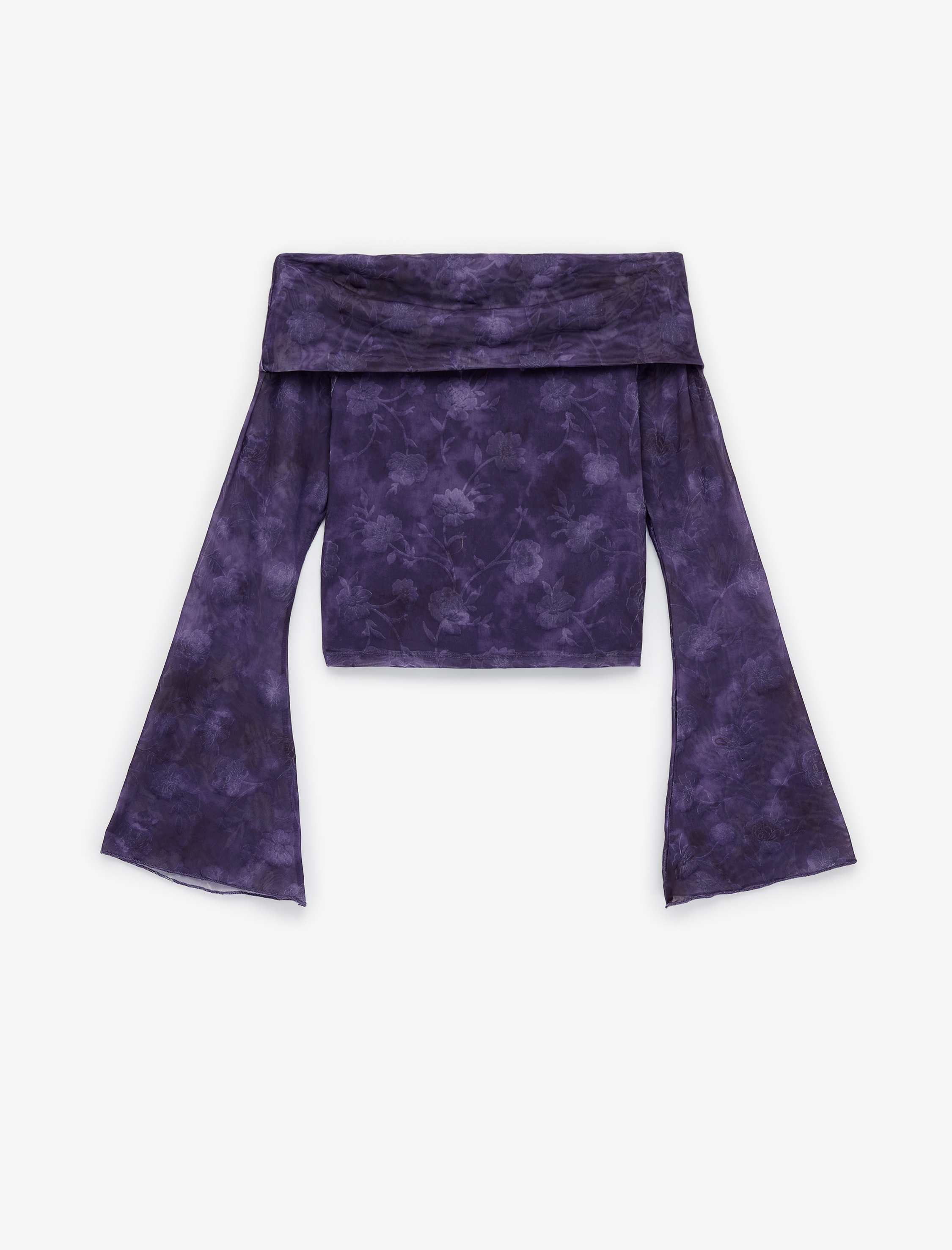   Omuzu Açık Uzun Kollu Slim Fit Batik Desenli Tişört