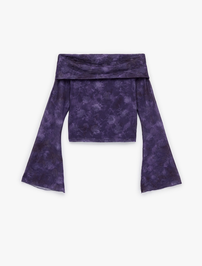  Omuzu Açık Uzun Kollu Slim Fit Batik Desenli Tişört