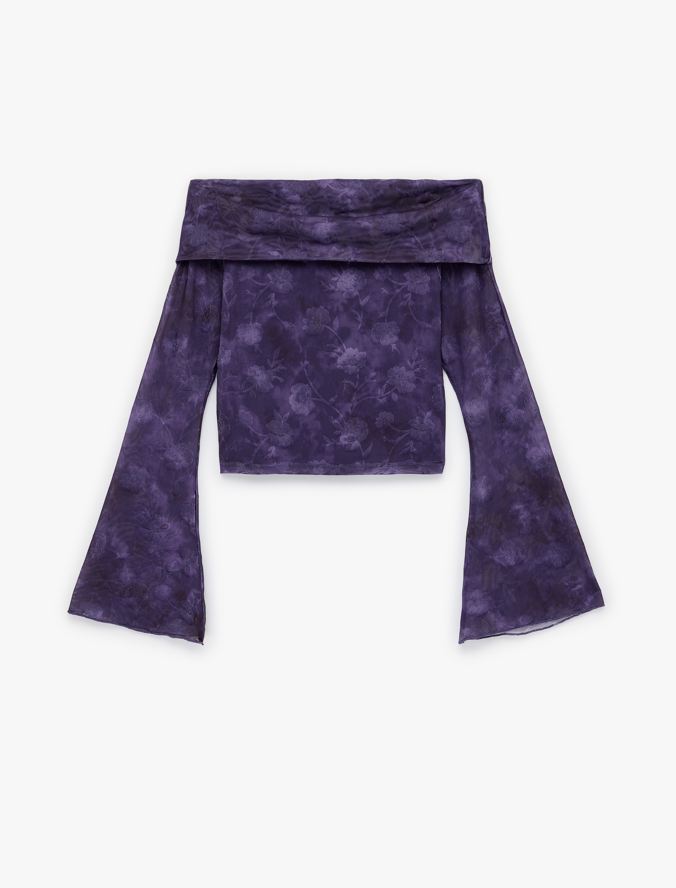   Omuzu Açık Uzun Kollu Slim Fit Batik Desenli Tişört