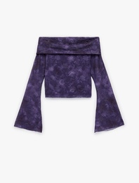 Omuzu Açık Uzun Kollu Slim Fit Batik Desenli Tişört