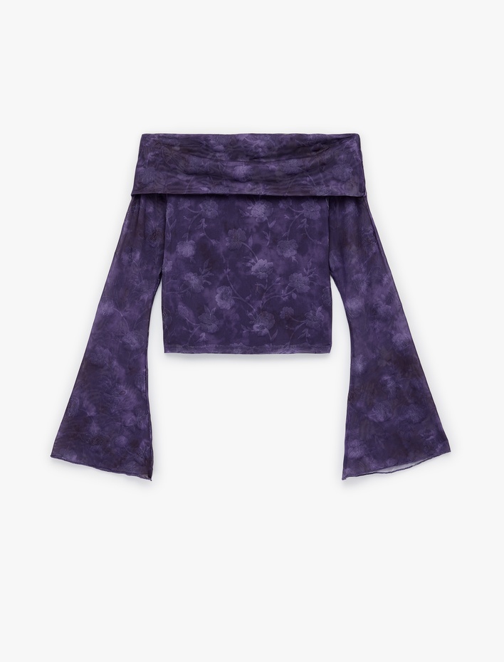  Omuzu Açık Uzun Kollu Slim Fit Batik Desenli Tişört