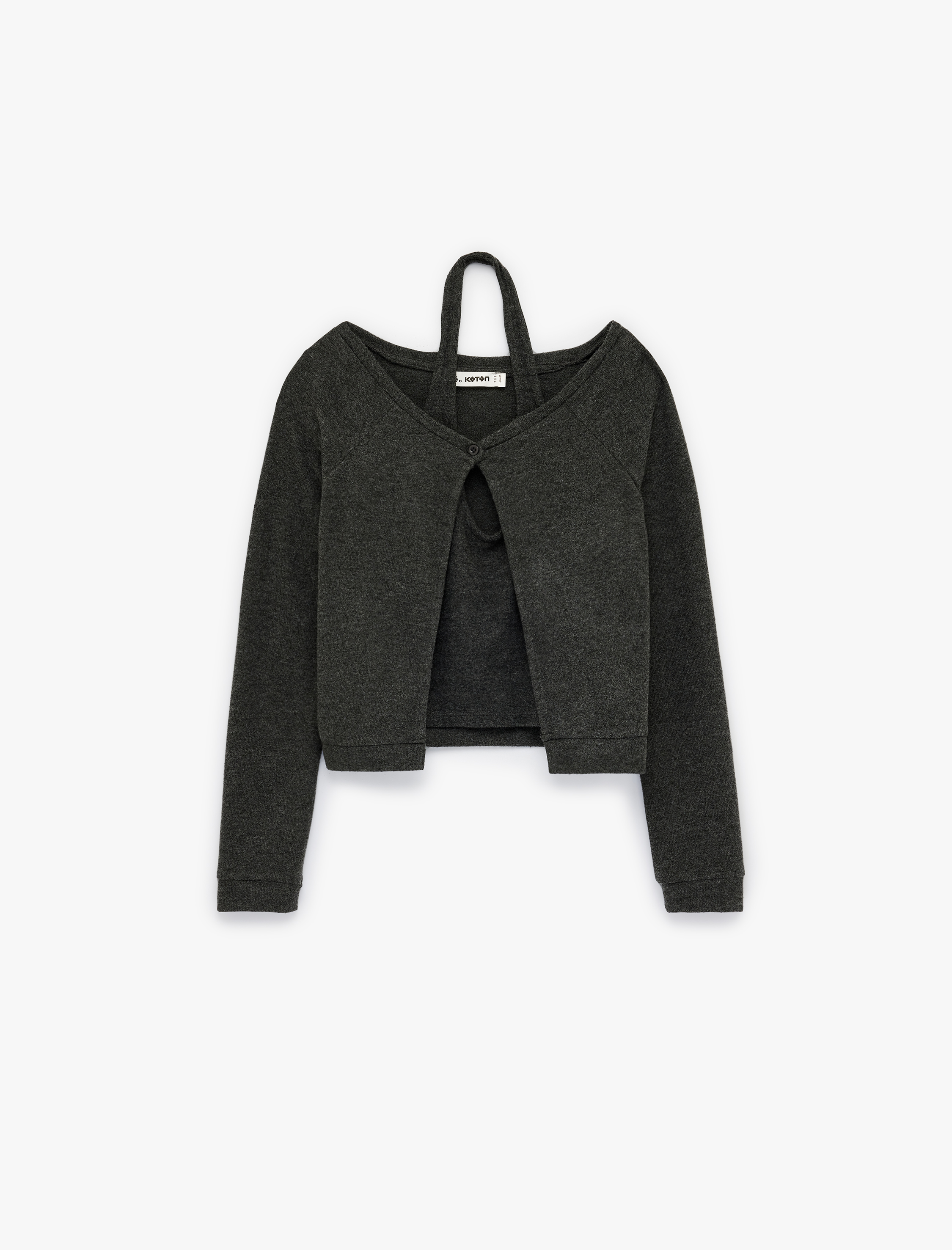   Uzun Kollu U Yaka Askılı Bluz Detaylı Hırka