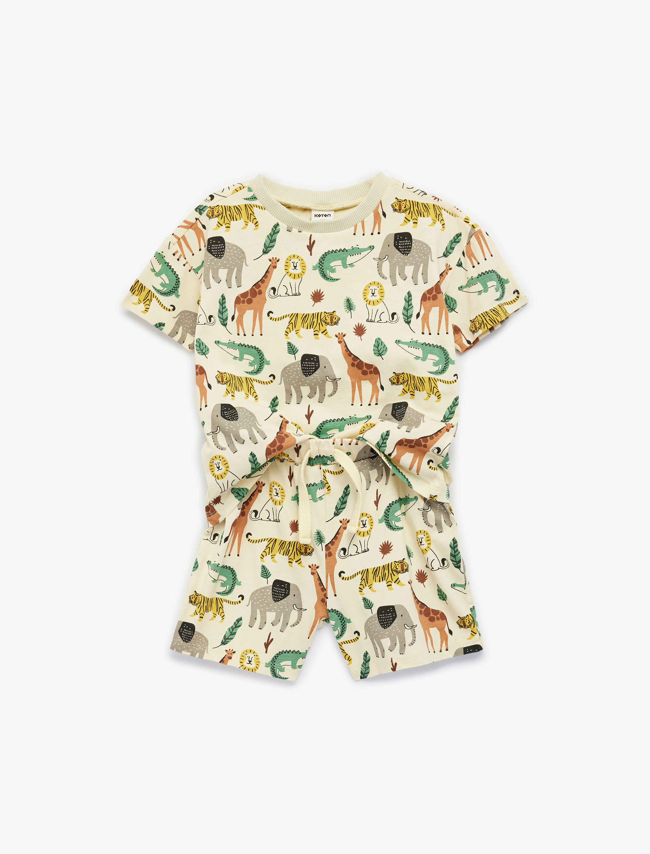  Erkek Bebek Hayvanlar Baskılı Kısa Kollu Bisiklet Yaka Pamuklu 2'li Tişört ve Şort Seti