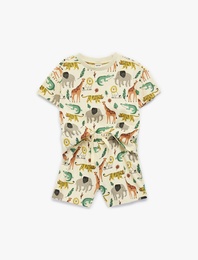 Hayvanlar Baskılı Kısa Kollu Bisiklet Yaka Pamuklu 2'li Tişört ve Şort Seti