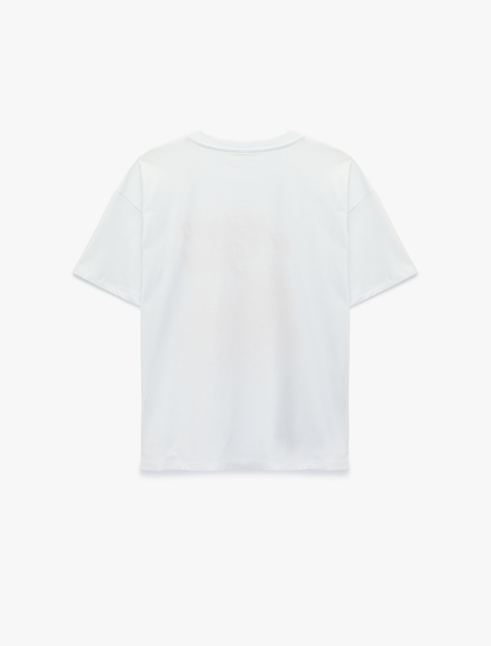  Rahat Kalıp Kısa Kollu Bisiklet Yaka Baskılı Pamuklu Tişört