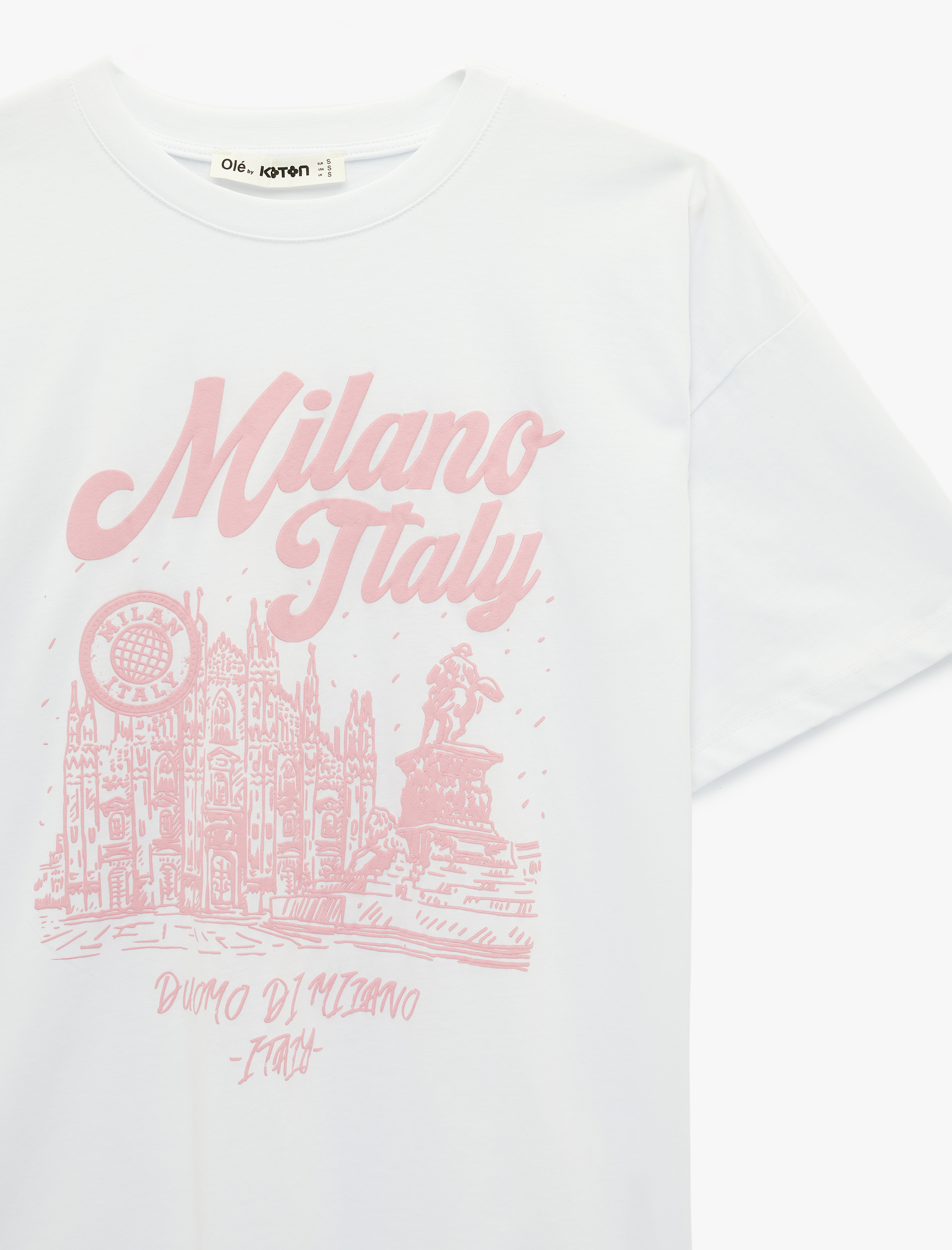   Rahat Kalıp Kısa Kollu Bisiklet Yaka Baskılı Pamuklu Tişört