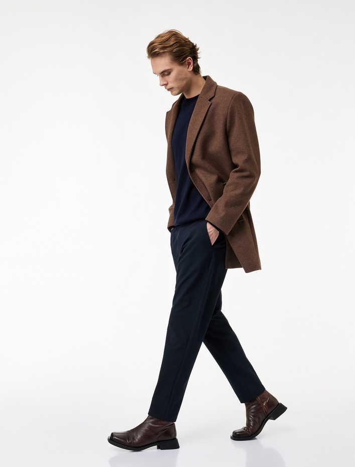  Regular Fit Cepli Mono Yaka Uzun Kaşe Kaban