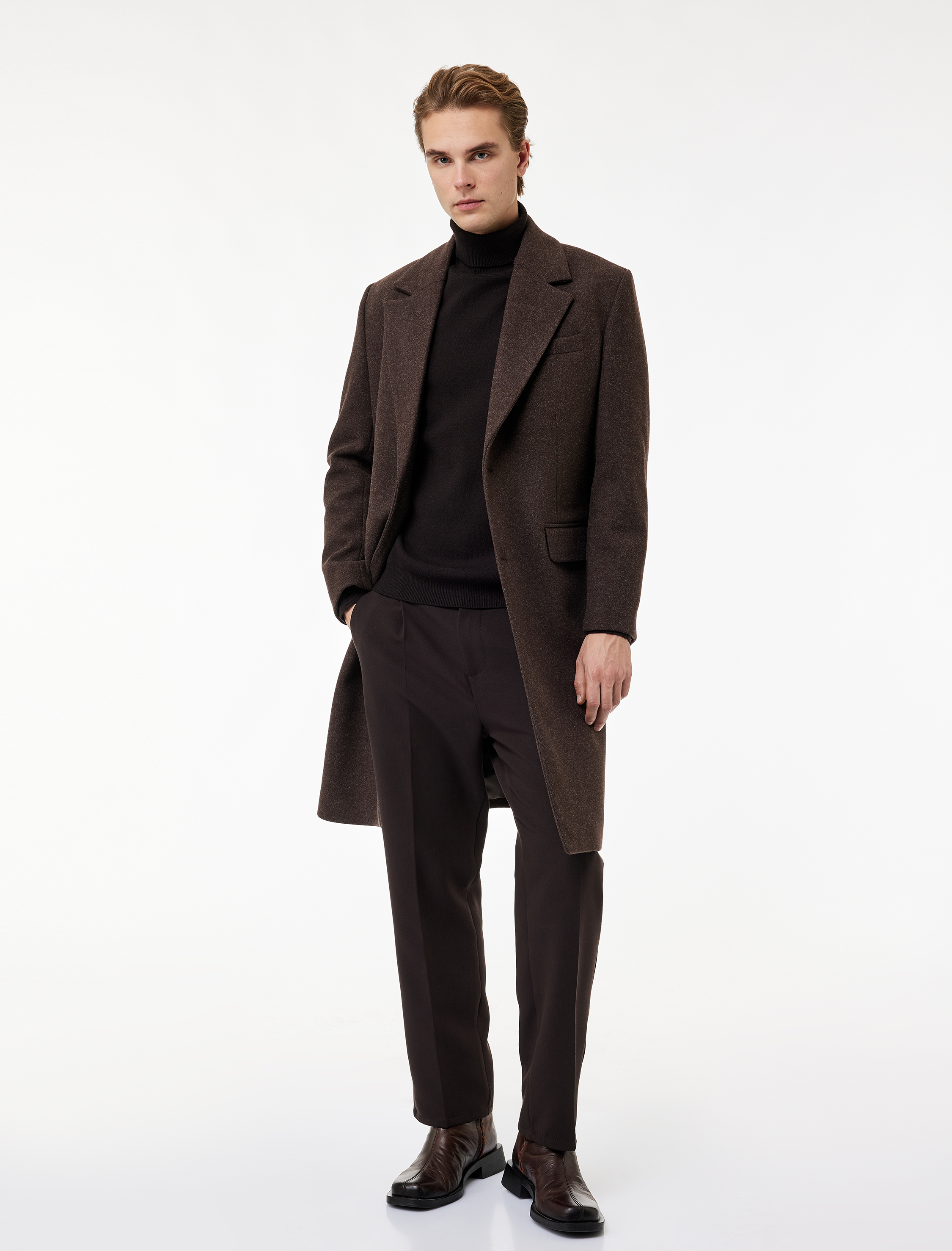   Regular Fit Cepli Mono Yaka Düğmeli Uzun Kaşe Kaban