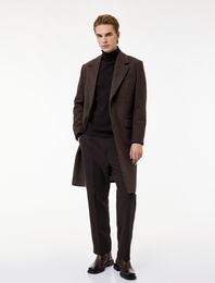 Regular Fit Cepli Mono Yaka Düğmeli Uzun Kaşe Kaban