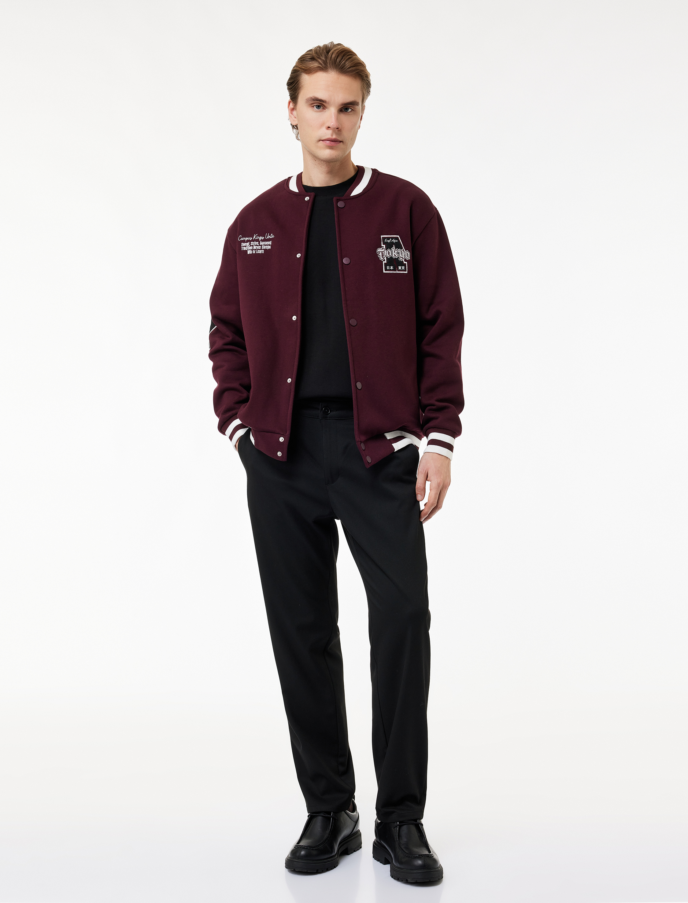   İşlemeli Çizgi Detaylı Çıtçıt Düğmeli Cepli Bomber Ceket