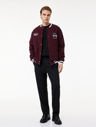 İşlemeli Çizgi Detaylı Çıtçıt Düğmeli Cepli Bomber Ceket