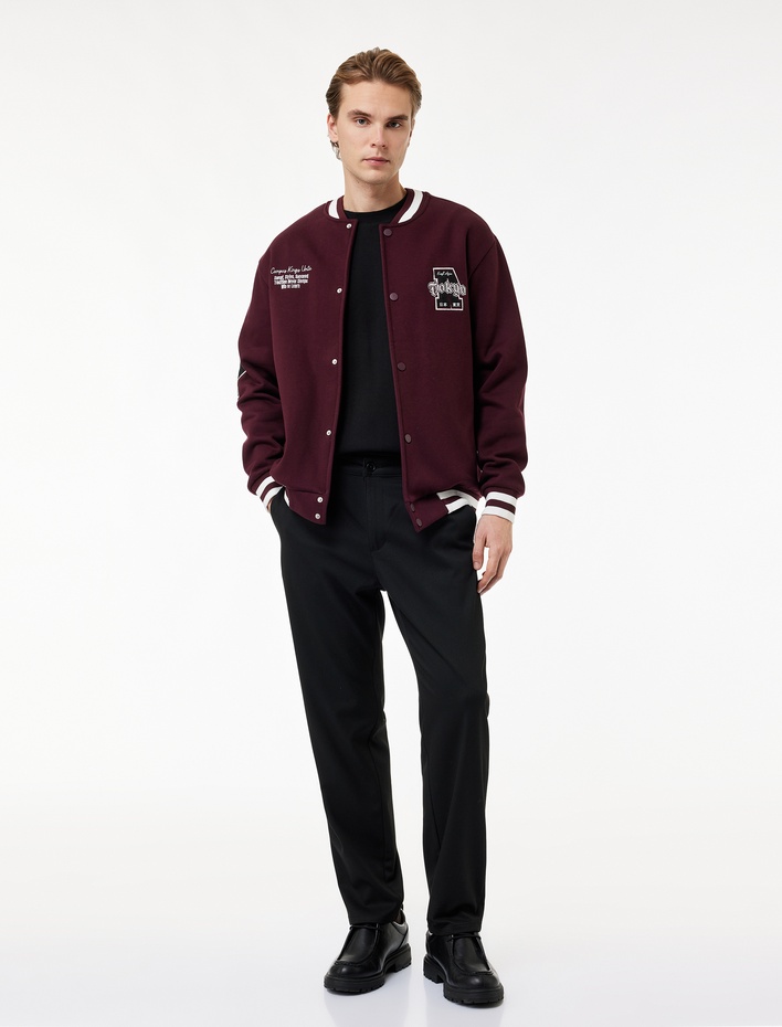  İşlemeli Çizgi Detaylı Çıtçıt Düğmeli Cepli Bomber Ceket