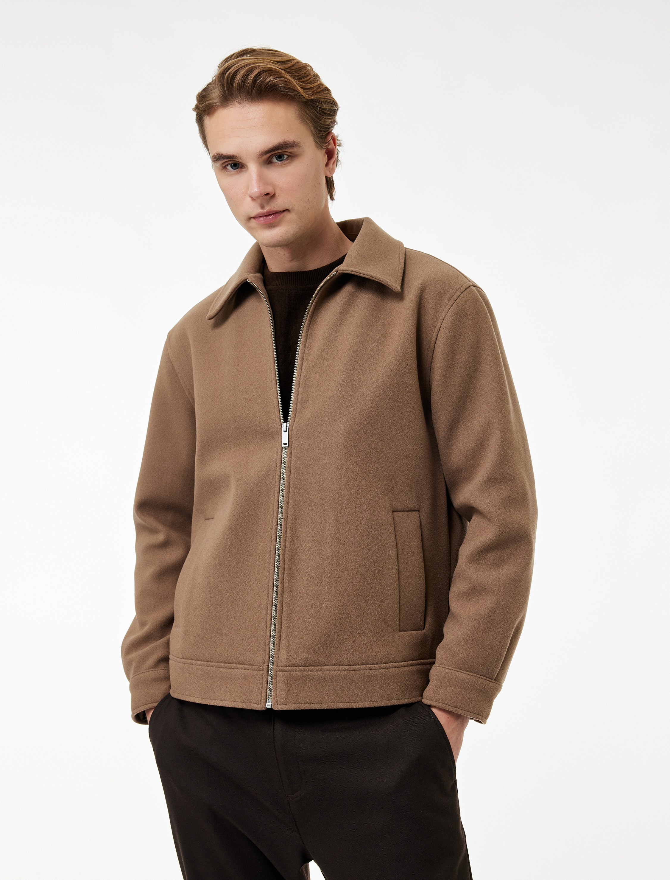   Regular Fit Cepli Gömlek Yaka Fermuarlı Kaşe Ceket