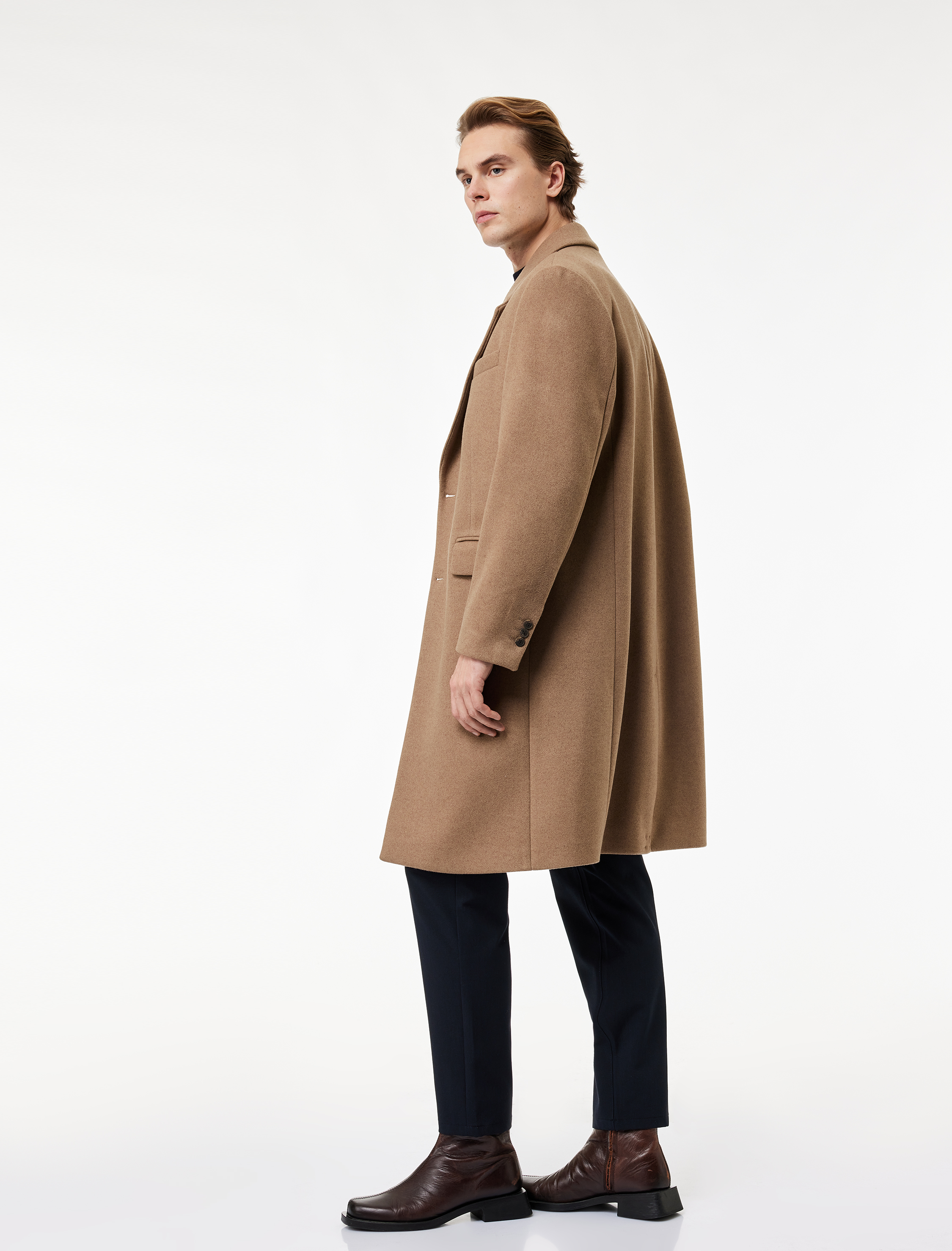   Regular Fit Cepli Mono Yaka Düğmeli Uzun Kaşe Kaban