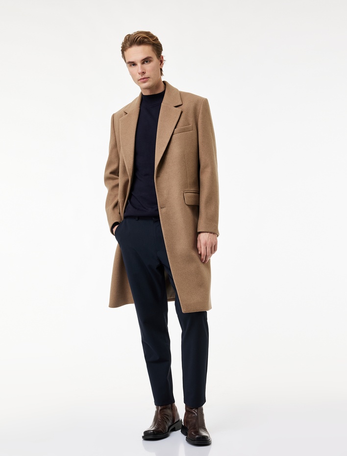  Regular Fit Cepli Mono Yaka Düğmeli Uzun Kaşe Kaban