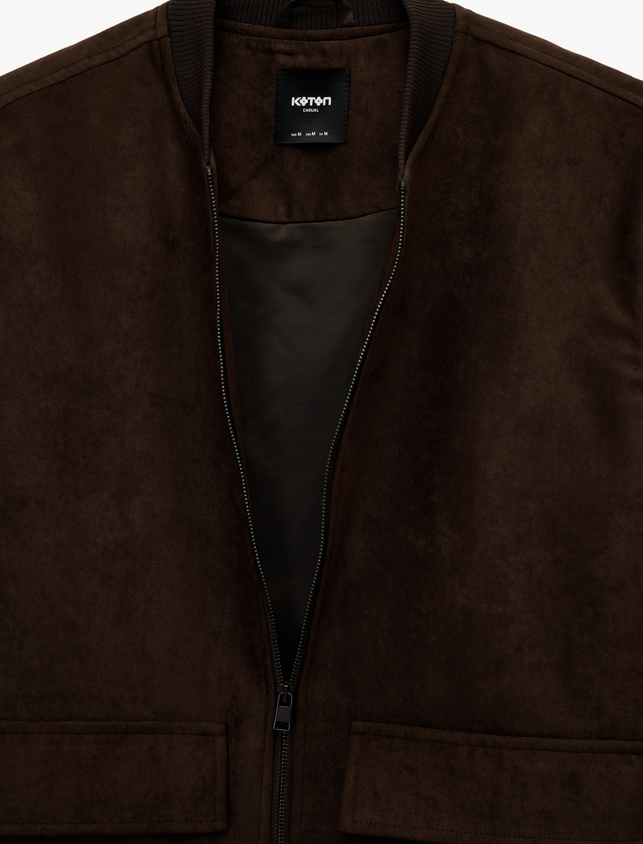   Uzun Kollu Kapaklı Cepli Kolej Yaka Fermuarlı Suni Süet Bomber Ceket