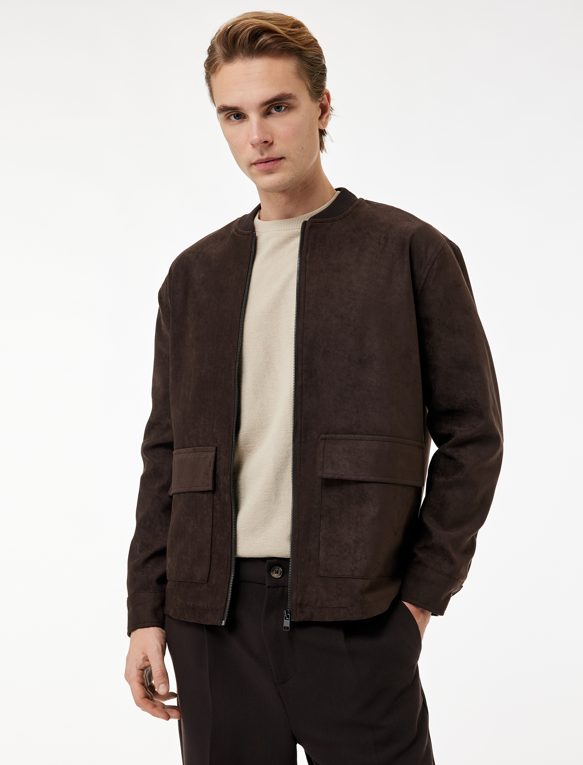   Uzun Kollu Kapaklı Cepli Kolej Yaka Fermuarlı Suni Süet Bomber Ceket