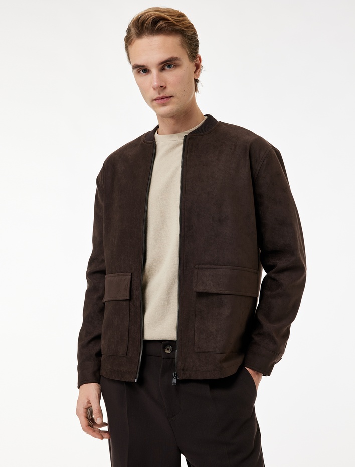  Uzun Kollu Kapaklı Cepli Kolej Yaka Fermuarlı Suni Süet Bomber Ceket