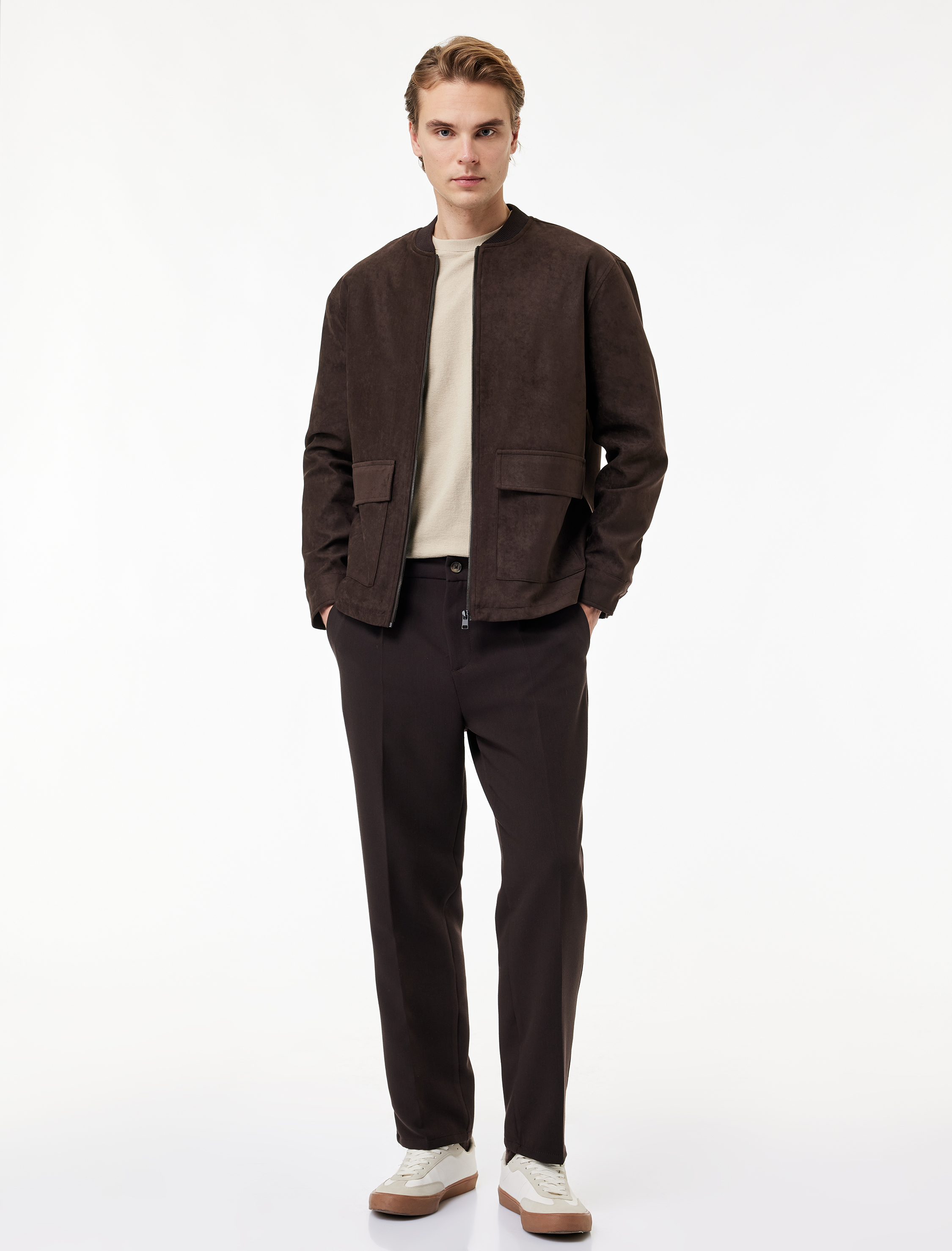   Uzun Kollu Kapaklı Cepli Kolej Yaka Fermuarlı Suni Süet Bomber Ceket