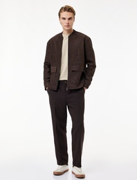 Uzun Kollu Kapaklı Cepli Kolej Yaka Fermuarlı Suni Süet Bomber Ceket