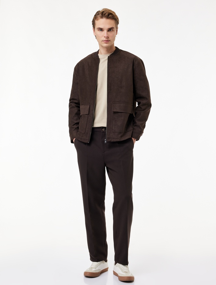  Uzun Kollu Kapaklı Cepli Kolej Yaka Fermuarlı Suni Süet Bomber Ceket