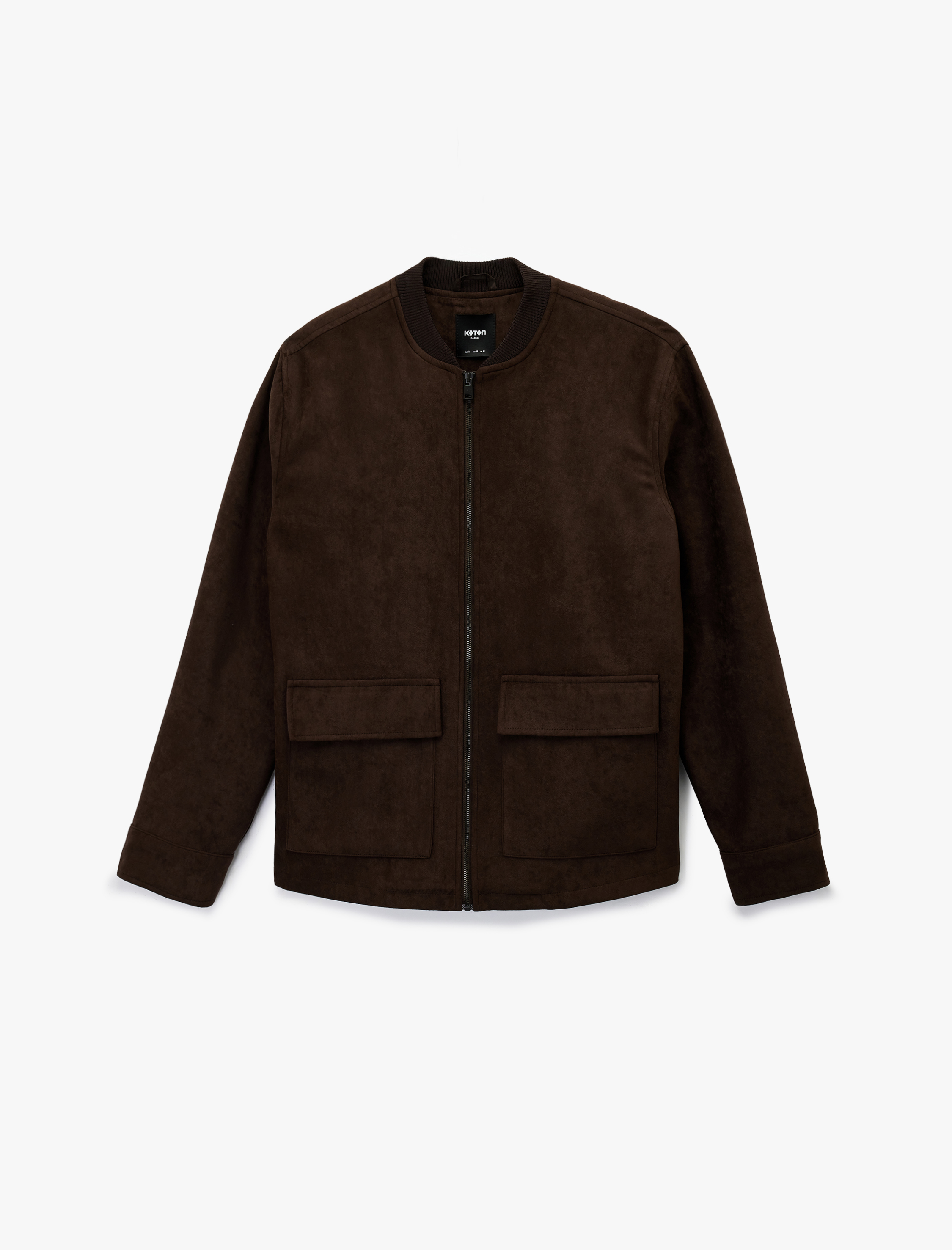   Uzun Kollu Kapaklı Cepli Kolej Yaka Fermuarlı Suni Süet Bomber Ceket