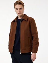 Regular Fit Cepli Gömlek Yaka Fermuarlı Kaşe Ceket