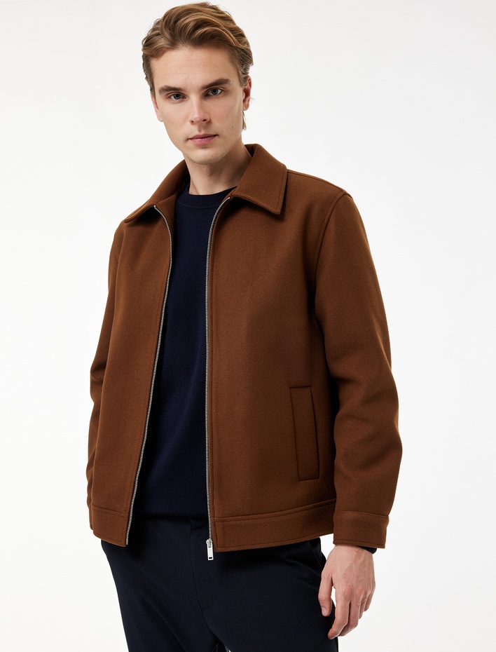  Regular Fit Cepli Gömlek Yaka Fermuarlı Kaşe Ceket