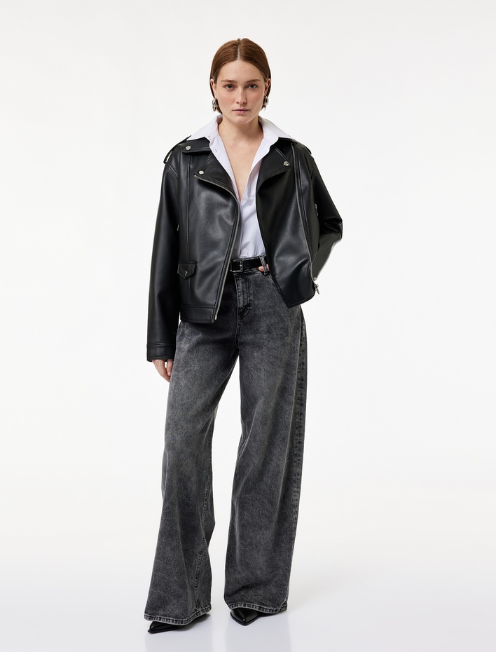  Uzun Kollu Fermuarlı Oversize Biker Suni Deri Ceket