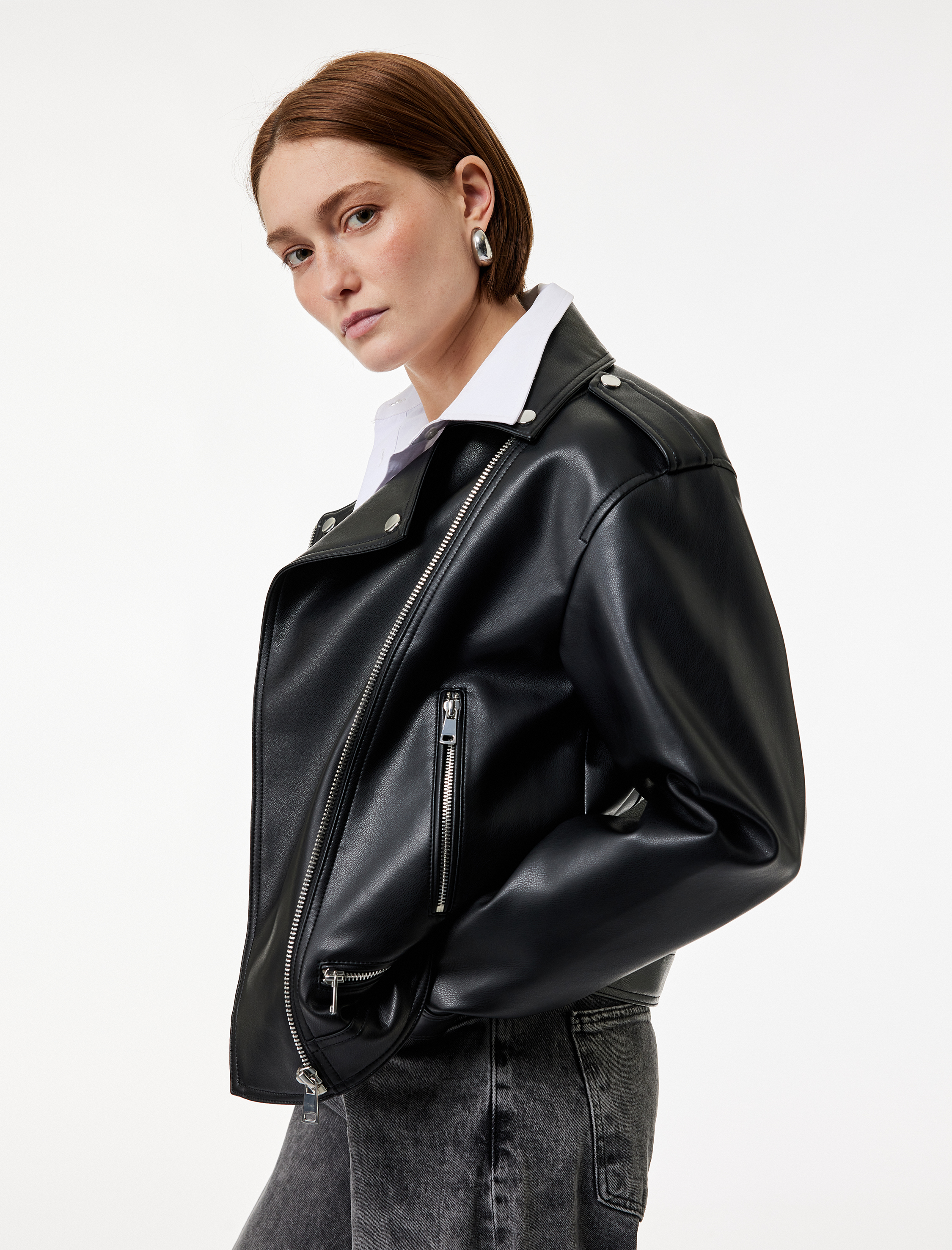   Uzun Kollu Fermuarlı Oversize Biker Suni Deri Ceket