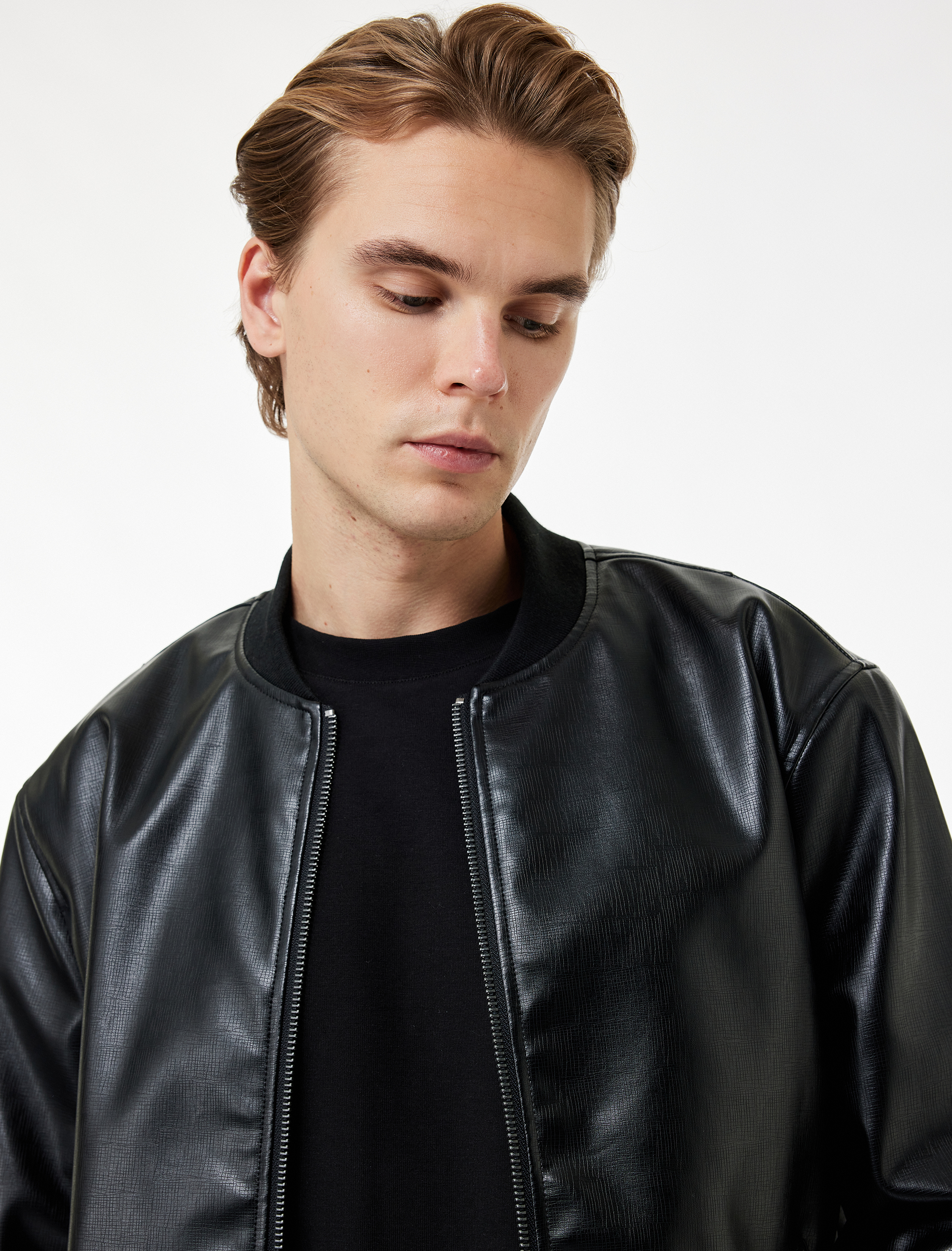   Regular Fit Fermuarlı Cepli Kolej Yaka Bomber Suni Deri Ceket