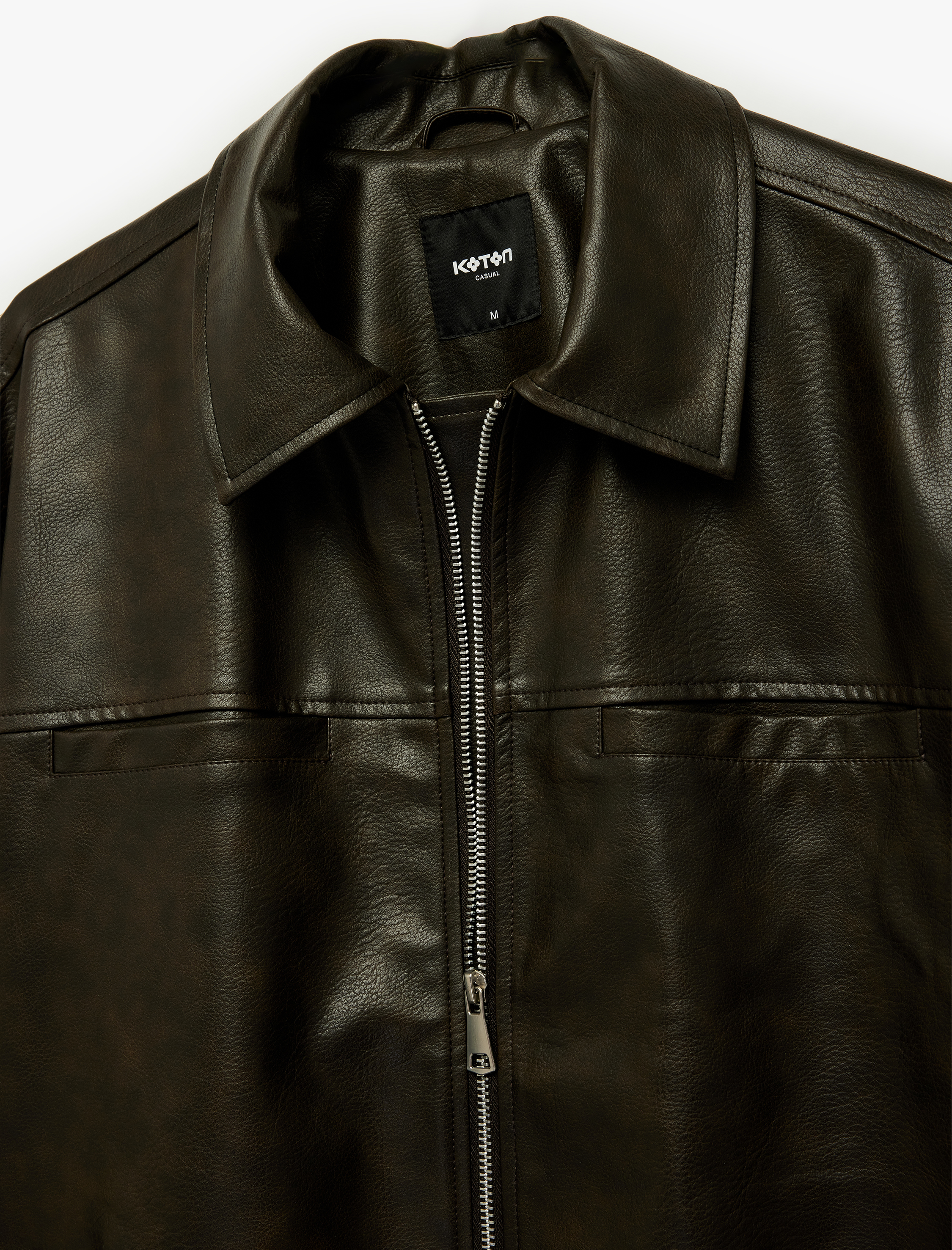   Regular Fit Uzun Kollu Cepli Gömlek Yaka Fermuarlı Suni Deri Ceket