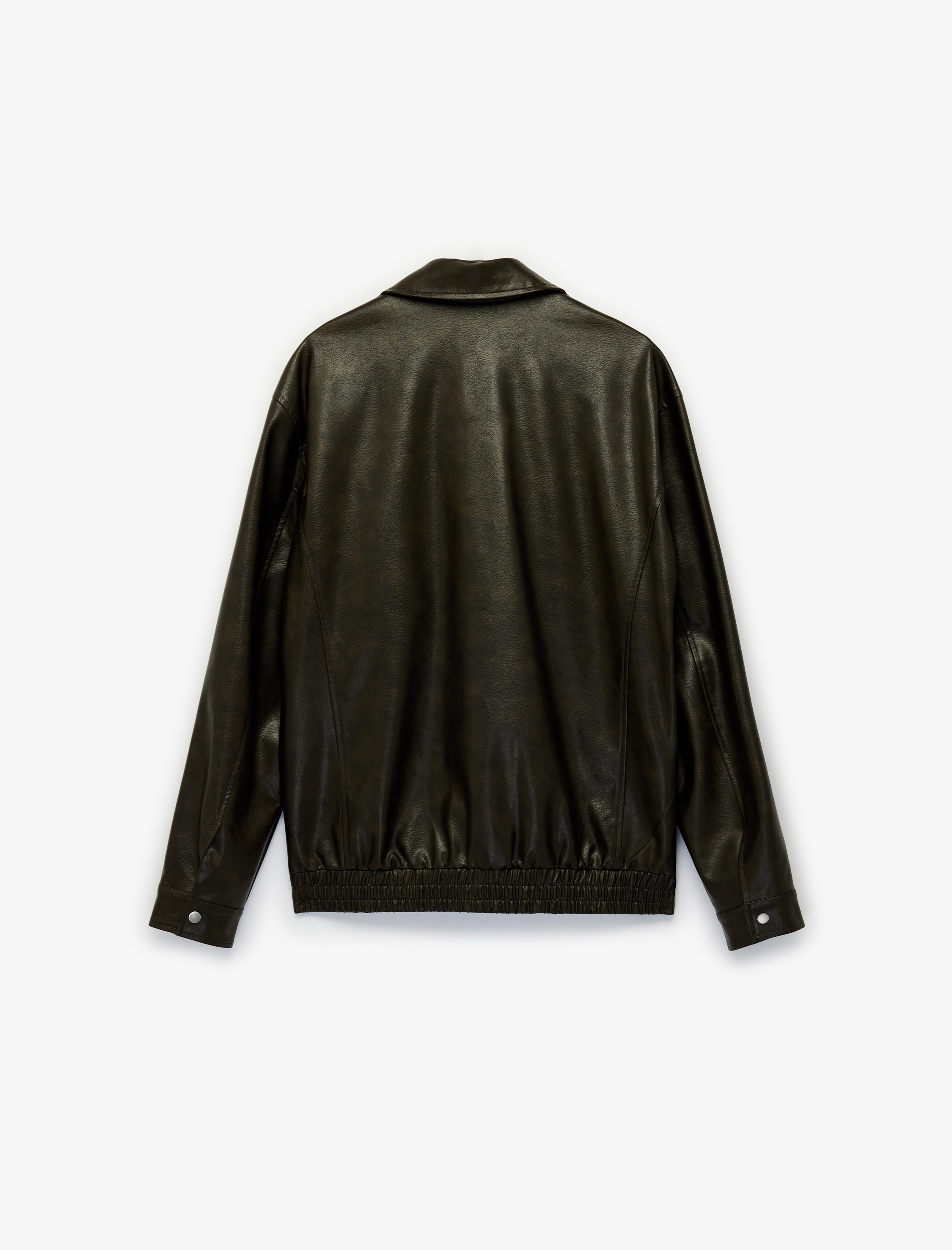   Regular Fit Uzun Kollu Cepli Gömlek Yaka Fermuarlı Suni Deri Ceket