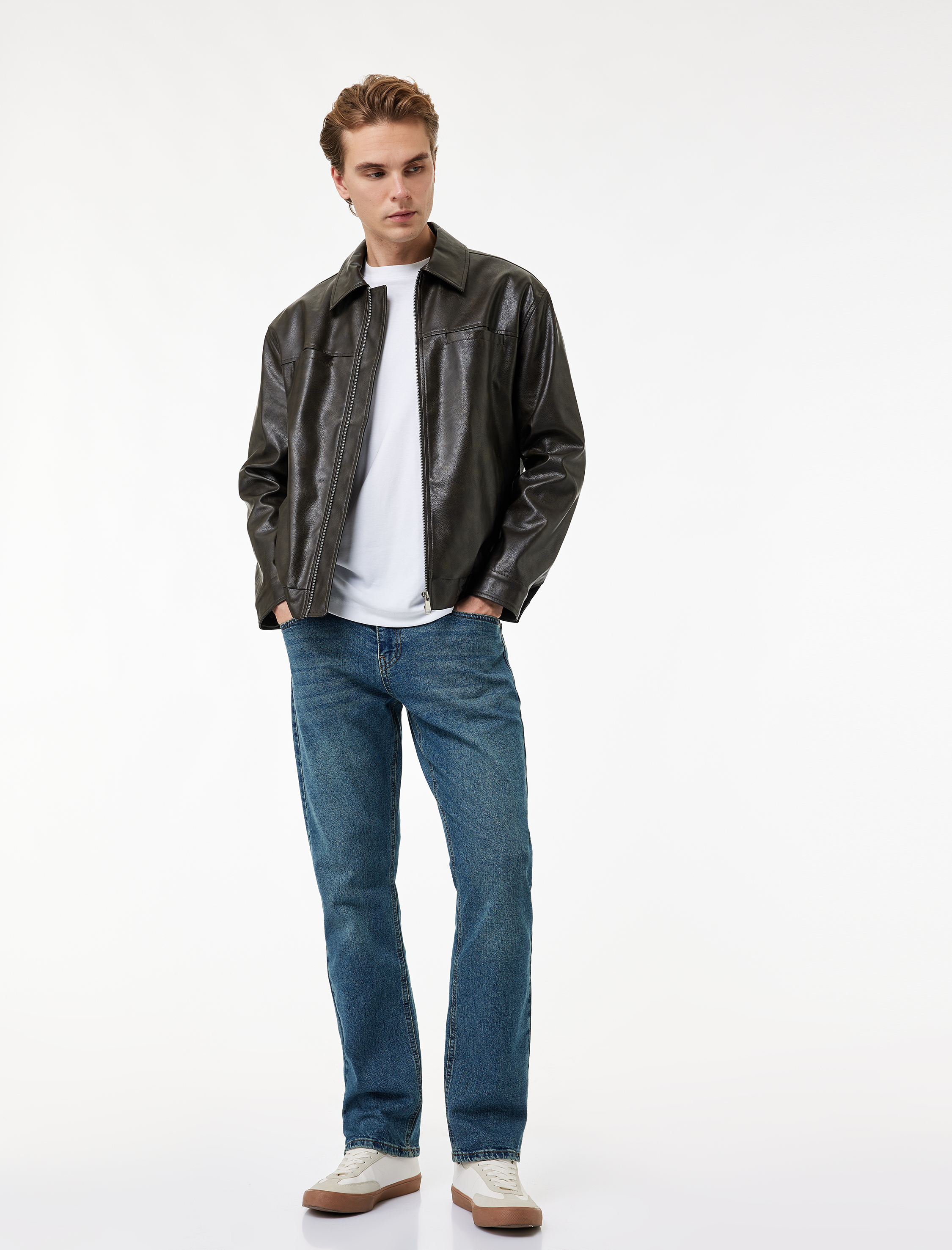   Regular Fit Uzun Kollu Cepli Gömlek Yaka Fermuarlı Suni Deri Ceket