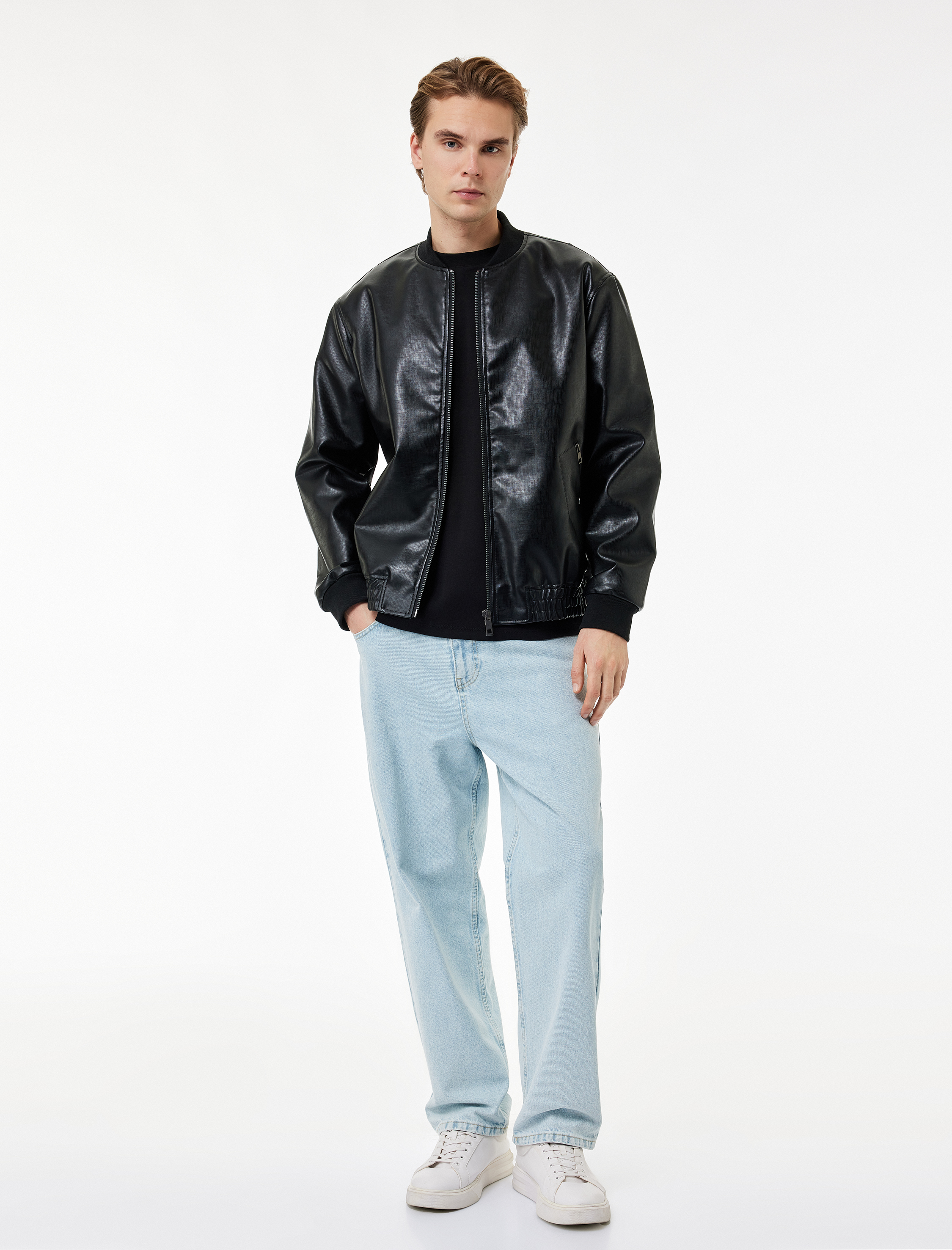   Regular Fit Fermuarlı Cepli Kolej Yaka Bomber Suni Deri Ceket